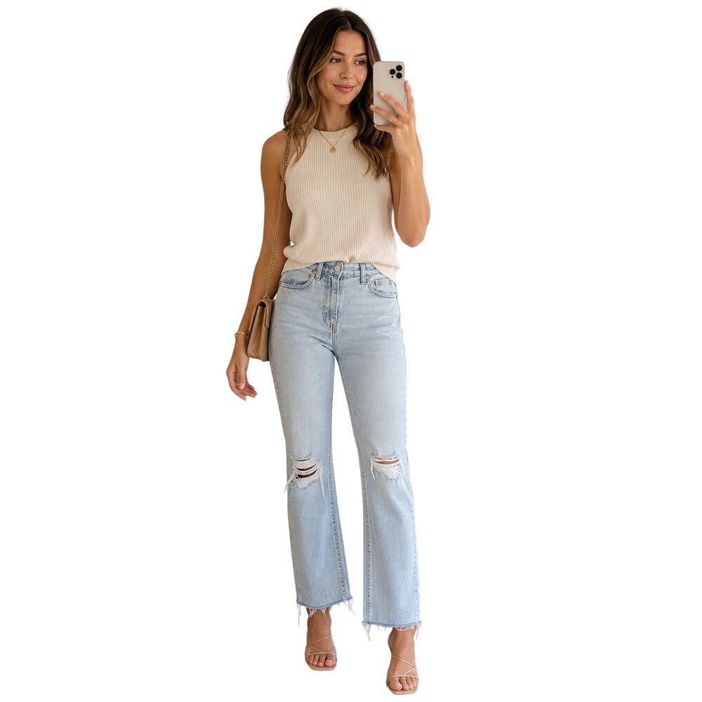 Express Women’s 8R Modern Straight Super High Rise Distressed Light Wash Jeans